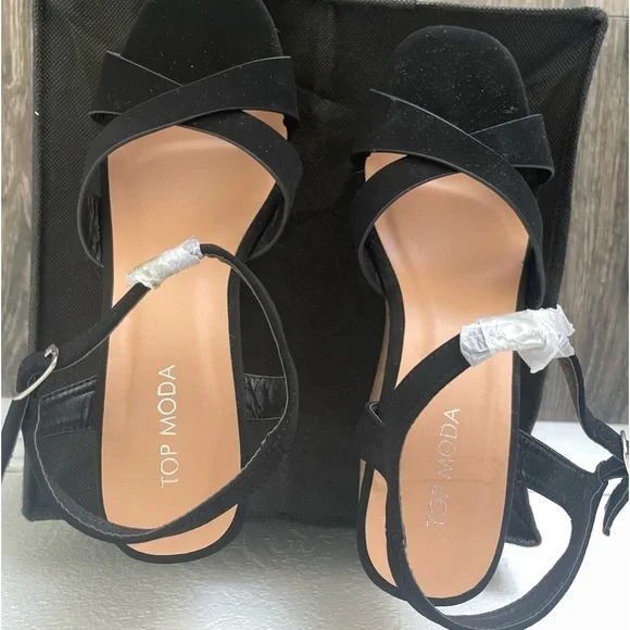 Top Moda Sandals Womens 7.5 Ankle Straps Black Suede Wedge Cork Heels - Picture 5 of 6